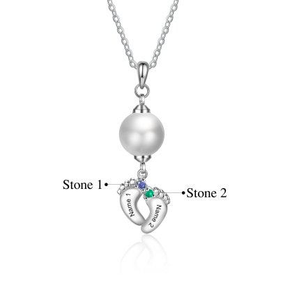Personalised Baby Feet Pearl Necklace Custom 2 Names & Birthstones Mother Necklace-Jessemade AU