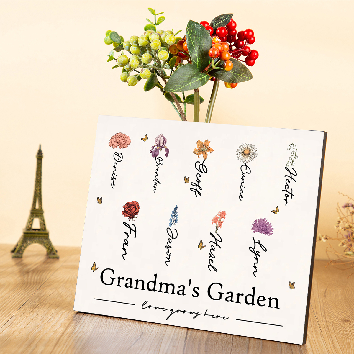 Personalised Text Wooden Plaque Custom 1–12 Birth Flowers & Names Home Decor Garden Sign Gift for Grandma - Love Grows Here