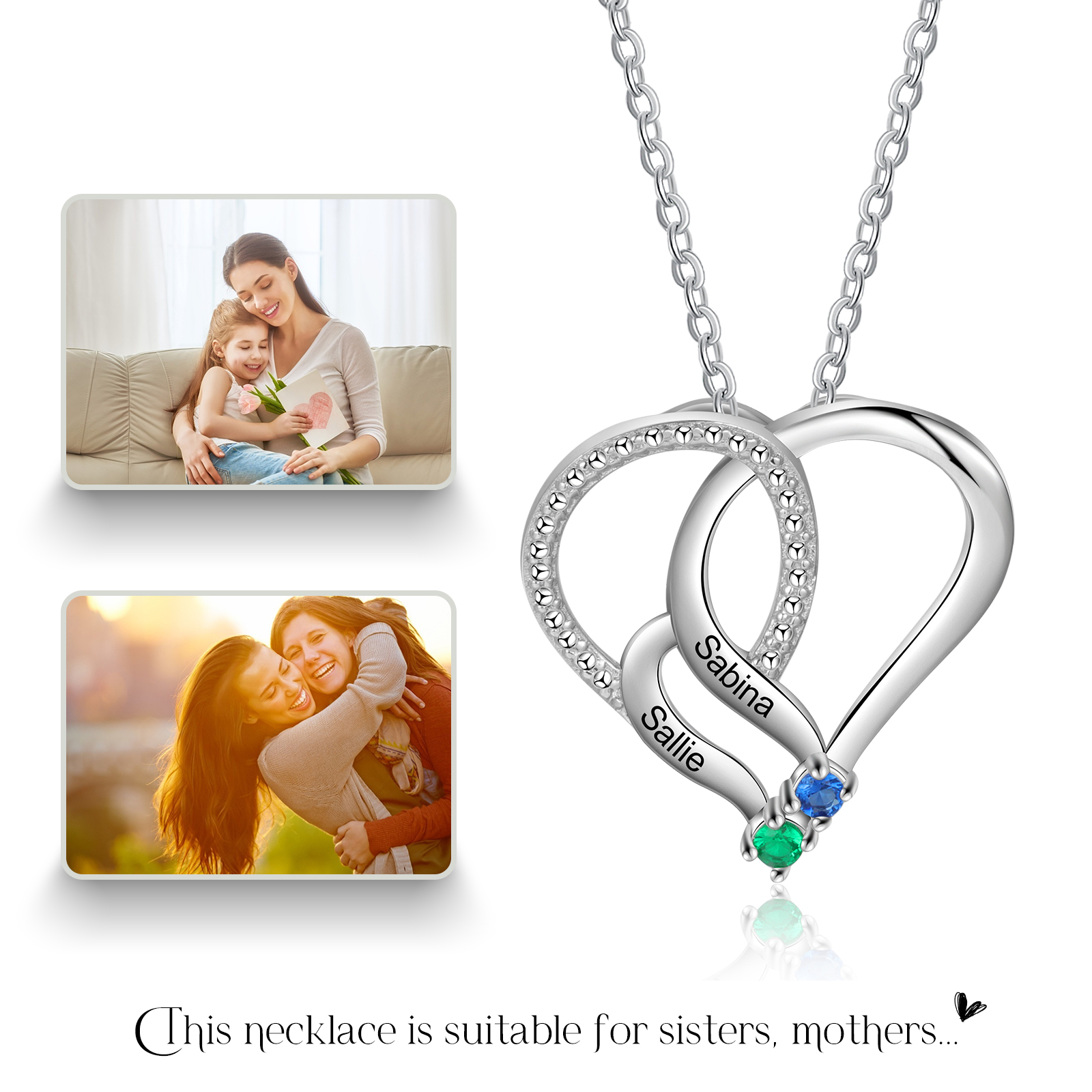 Personalised Heart Necklace With 2 Birthstones Engraved Names Gift For Her-Jessemade AU