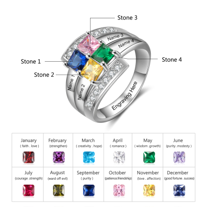 Personalised Mothers Ring With 4 Birthstones Engraved Names Ring Gift For Women-Jessemade AU