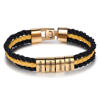 Mens Leather Bracelet Braided Layered Leather with 4 Beads Silver and Gold-Jessemade AU