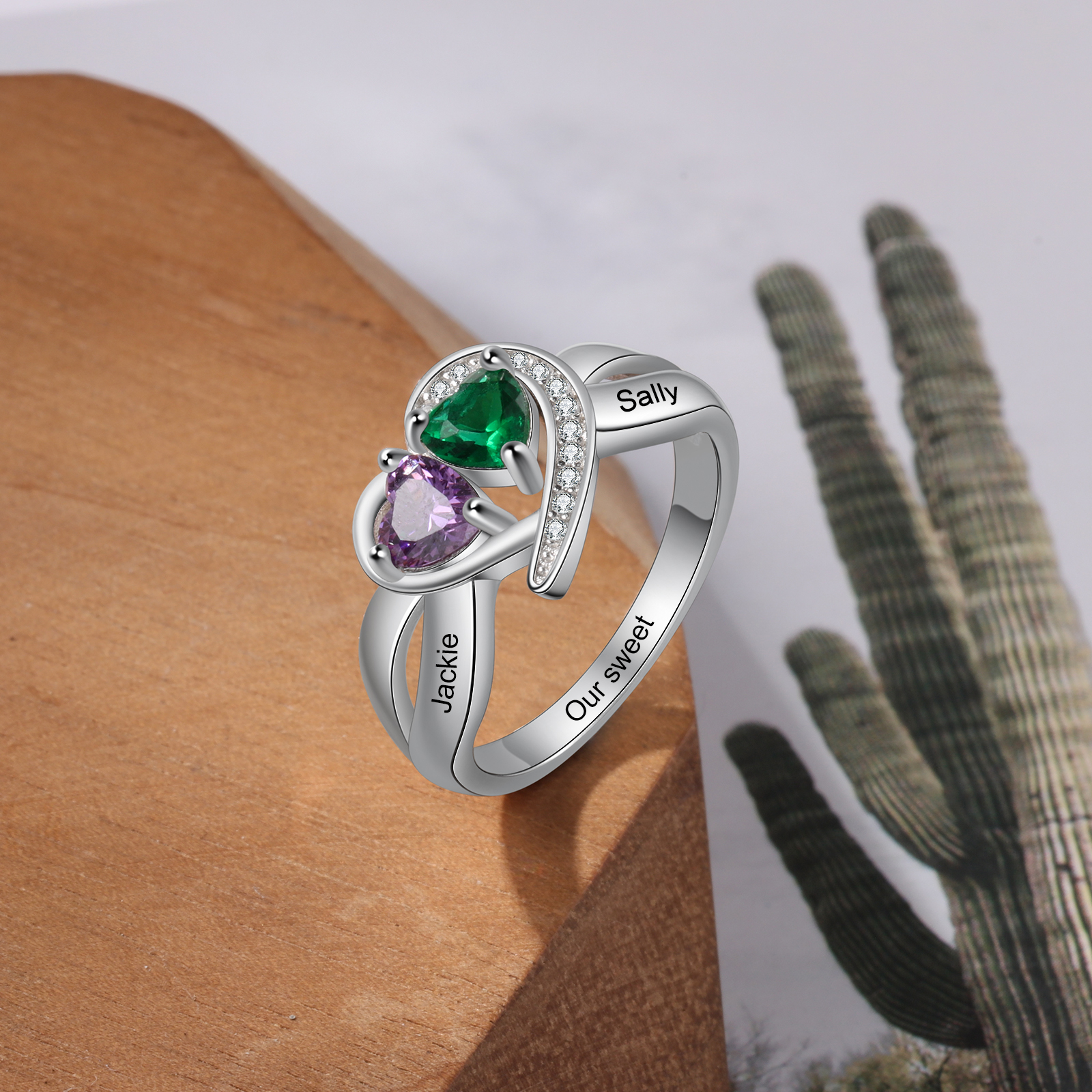 Personalised Mothers Ring with 2 Birthstones Heart Customised Ring for Mom-Jessemade AU