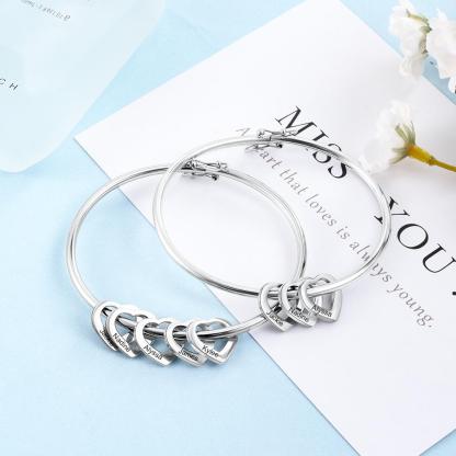 Engraved Personalised Bangle Bracelet with 5 Names with 5 Heart Shape Pendant Gift for Mother-Jessemade AU
