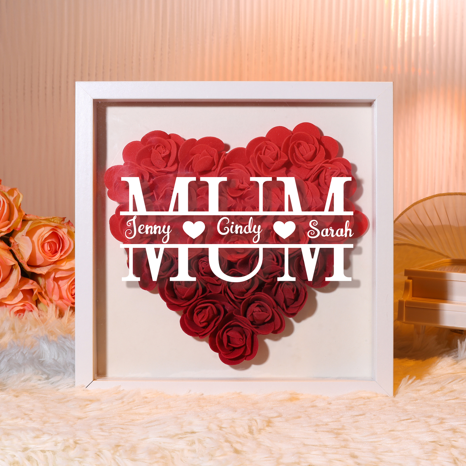Personalised Flower Shadow Box Custom Name & Text Heart Rose Frame Decorations Mother's Day Gift for Her-Jessemade AU