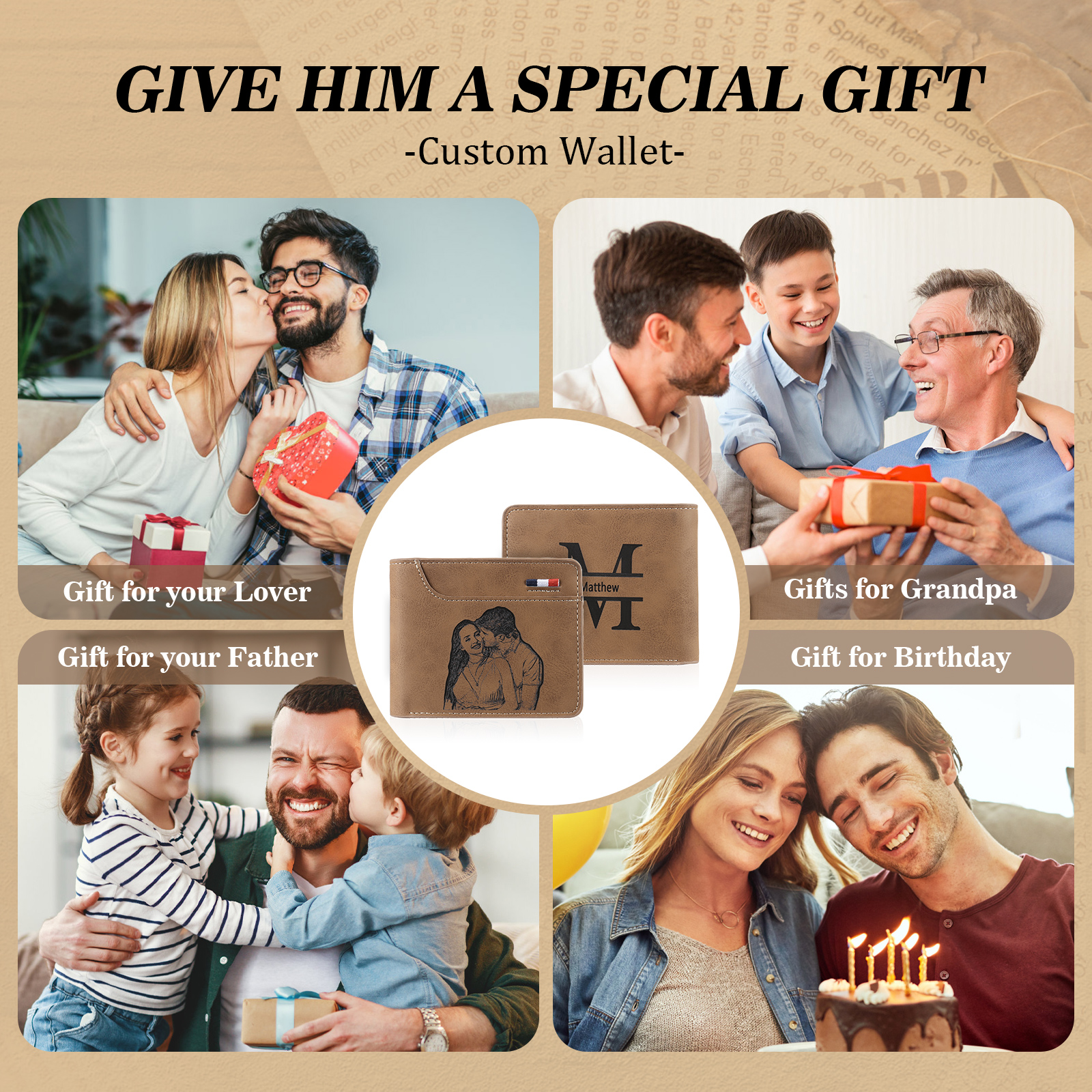 Personalised Monogram Leather Wallet Custom Photo & Name & Letter Wallet Father's Day Gift for Men-Jessemade AU