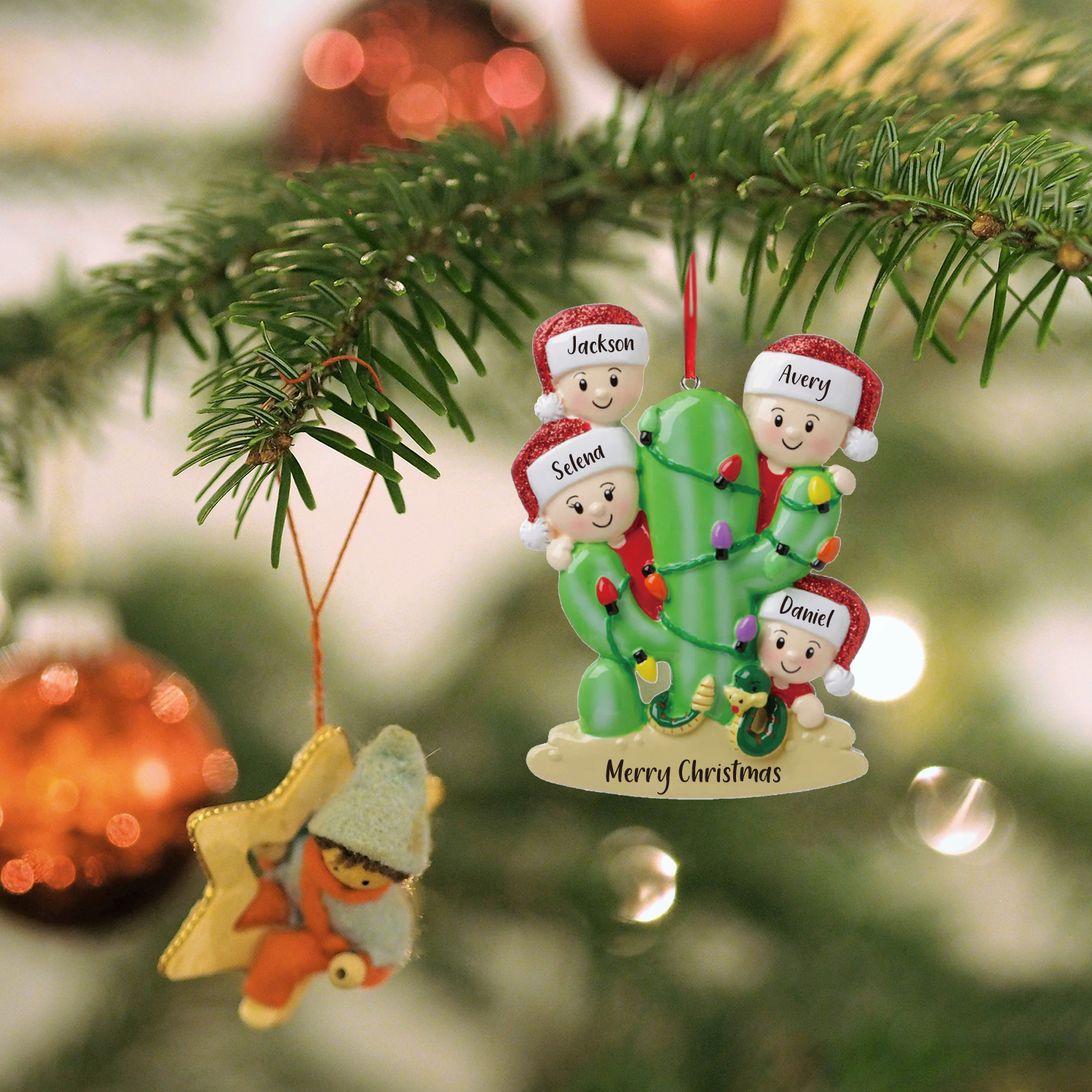 4 Names - Personalised Cactus Ornament Customised Name & Text Christmas Tree Wooden Decor Gift for Family and Friends-Jessemade AU