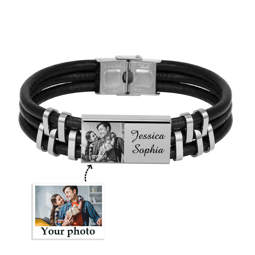 Personalised Leather Bracelet Custom Photo Initial ID Bar Men's Bracelet Bangle Gifts For Him-Jessemade AU