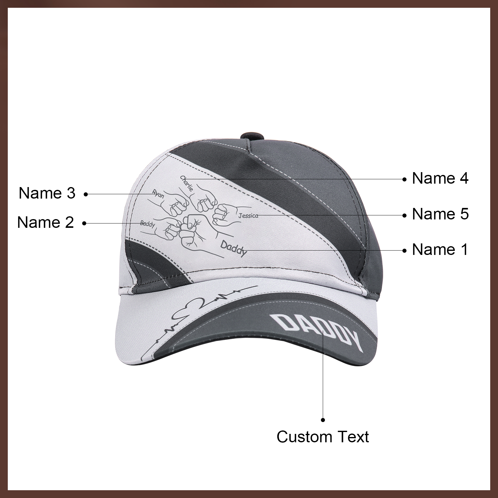 Personalised Fist Bump Classical Baseball Cap Custom 5 Names & 1 Text Snapback Adjustable Gift for Dad/Grandpa/Husband-Jessemade AU