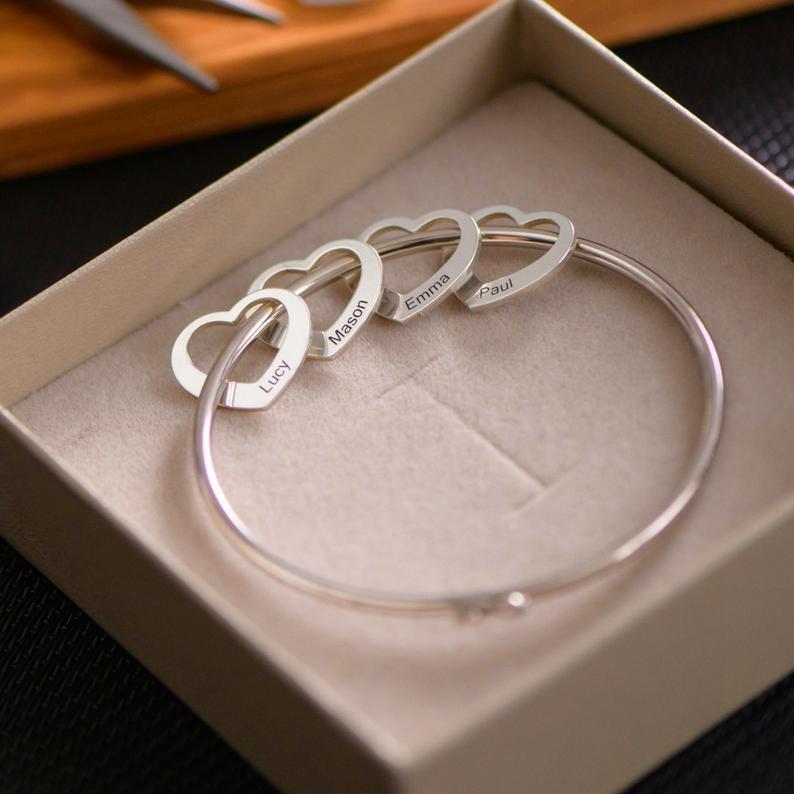 Personalised Love Bangle Bracelet with 4 Heart Charms Engraved 4 Names Bracelet for Her-Jessemade AU