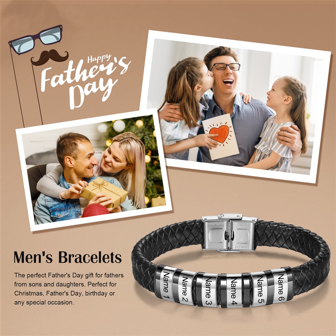 Men Leather Braided Bracelet Personalised with 6 Names Black-Jessemade AU