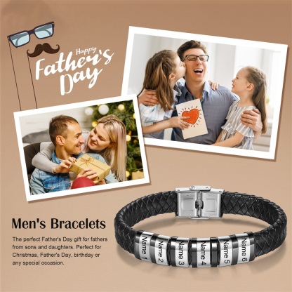 Men Leather Braided Bracelet Personalised with 6 Names Black-Jessemade AU