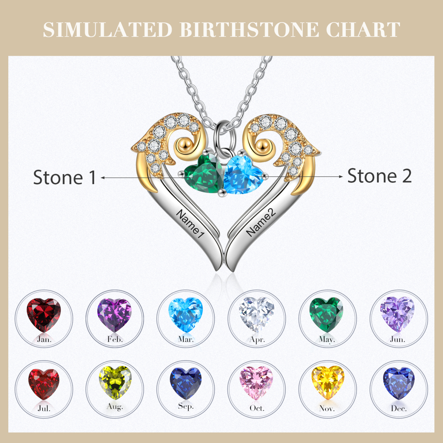 Personalised Heart Wings Necklace With 2 Birthstones Engraved Names Best Gift For Her-Jessemade AU