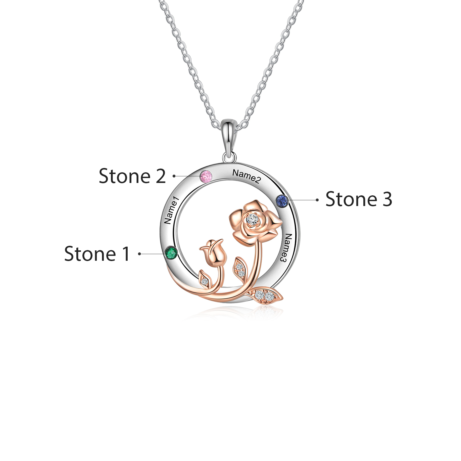 Personalised Rose Flowers Necklace With 3 Birthstones Engraved Names Necklace Gift For Women-Jessemade AU