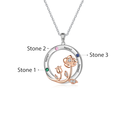 Personalised Rose Flowers Necklace With 3 Birthstones Engraved Names Necklace Gift For Women-Jessemade AU