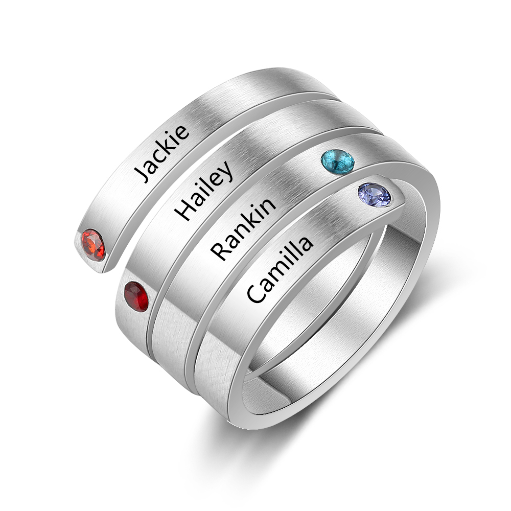Personalised Ring With 4 Birthstones Engraved Names Ring Gift For Women-Jessemade AU