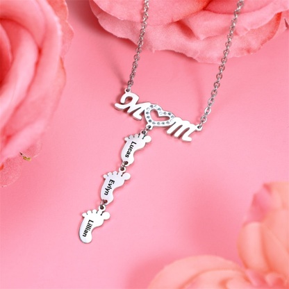 Mother Necklace with 4 Baby Feet Pendants Engraved 4 Names Rose Gift Set