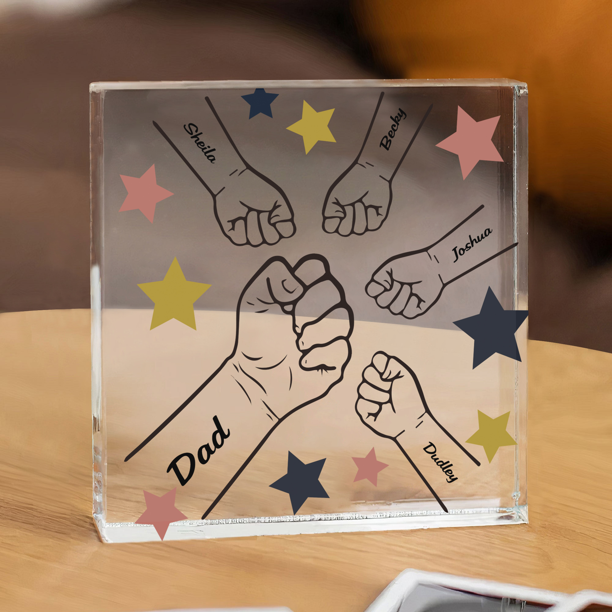 Personalised 5 Names Acrylic Square Keepsake Fist Bump Rectangle Plaque Father's Day Gifts -Jessemade AU