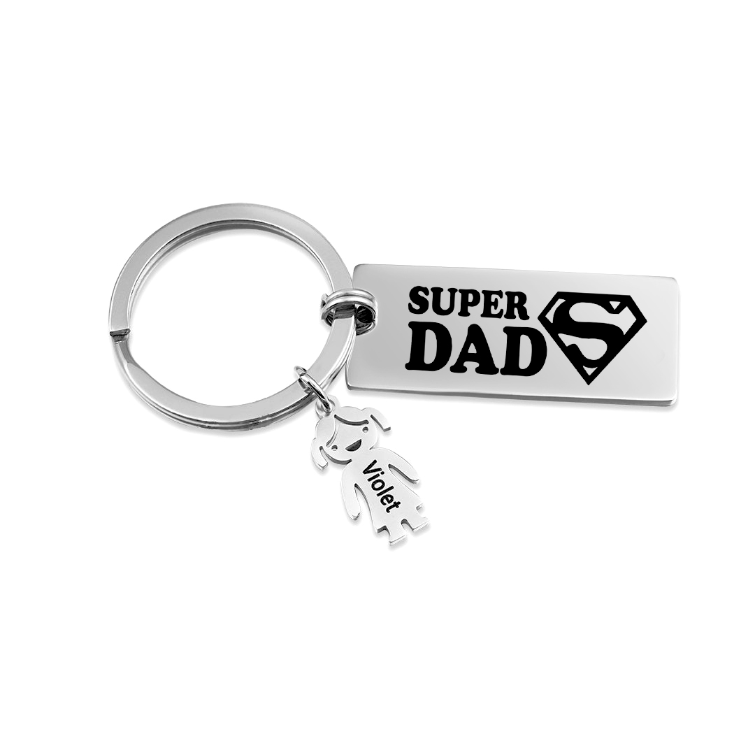 Father's Day Gift Personalised Super Dad Keychain Engraved 1 Kid Charm