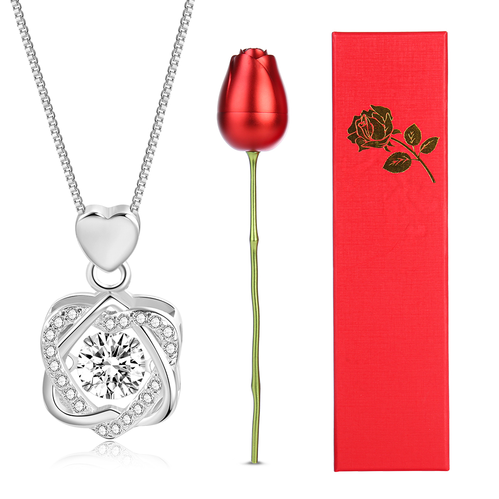 Valentine's Day Gifts 925 Sterling Silver Double Heart Dancing Necklace With Whole Rose Gift Box-Jessemade AU