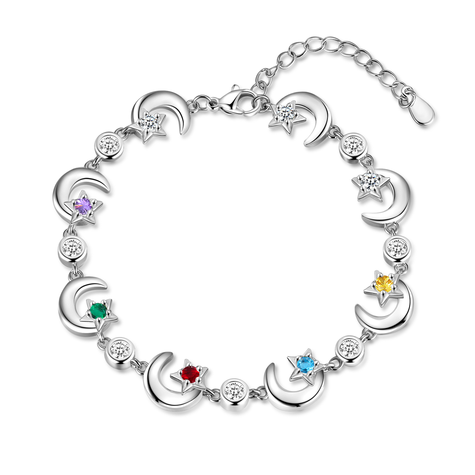 Personalised Moons And Stars Bracelet With 5 Birthstones Custom Names Bracelet Gift For Women-Jessemade AU