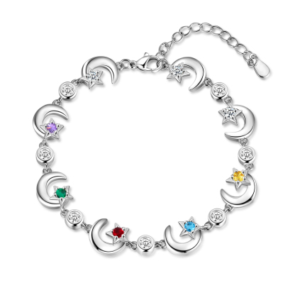 Personalised Moons And Stars Bracelet With 5 Birthstones Custom Names Bracelet Gift For Women-Jessemade AU