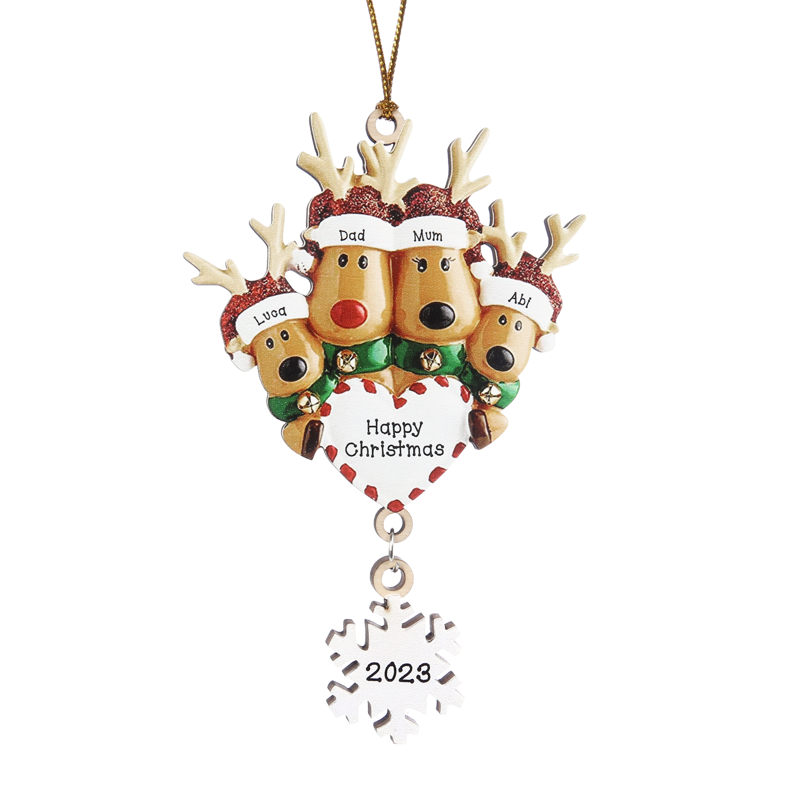 4 Names - Personalised Reindeer Christmas Ornament Customised Name & Text & Year Wooden Hanging Ornaments Christmas Gift for Family-Jessemade AU