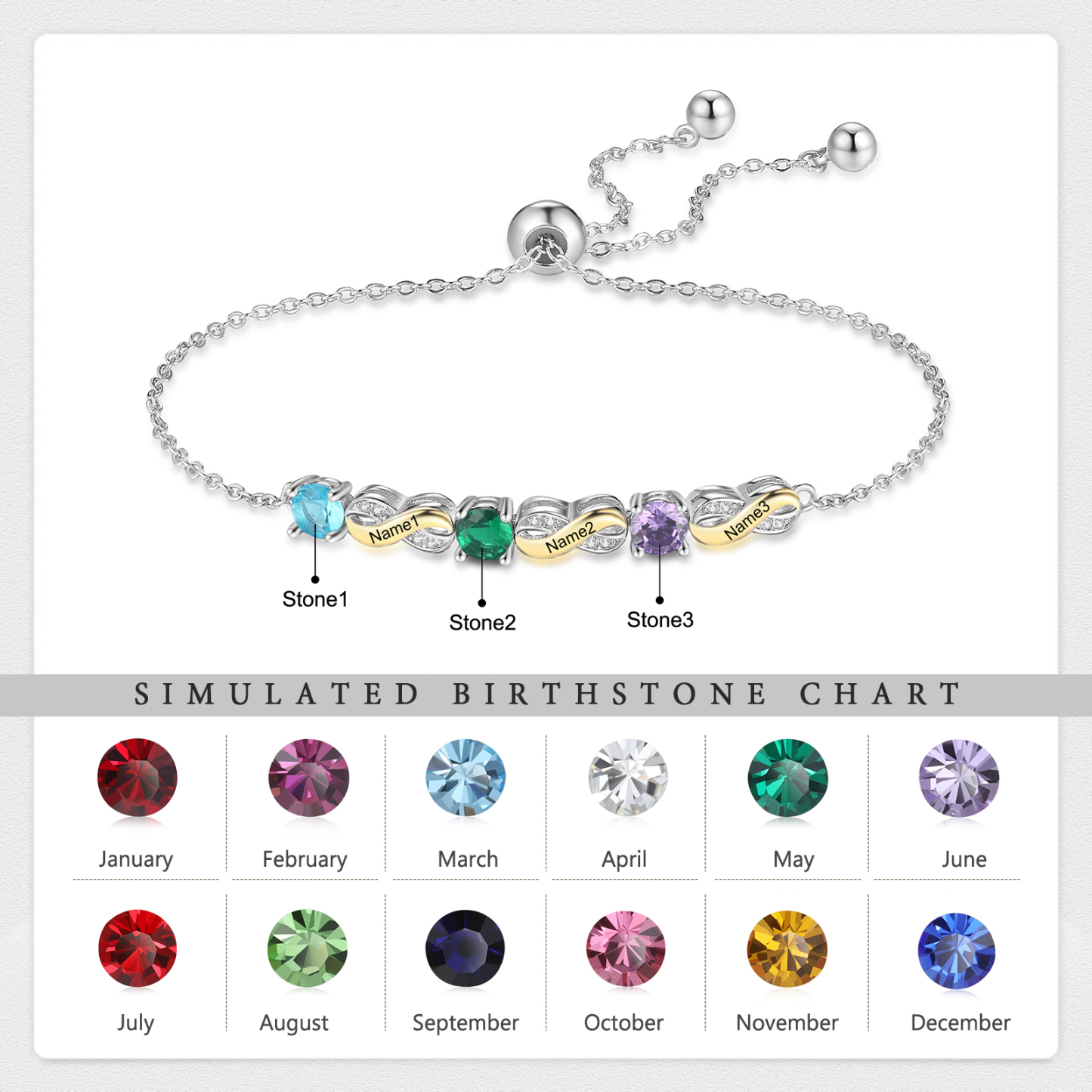 Mother & Family Bracelet with Birthstones Engrave 3 Names Infinity Bracelet Gifts for Mum-Jessemade AU
