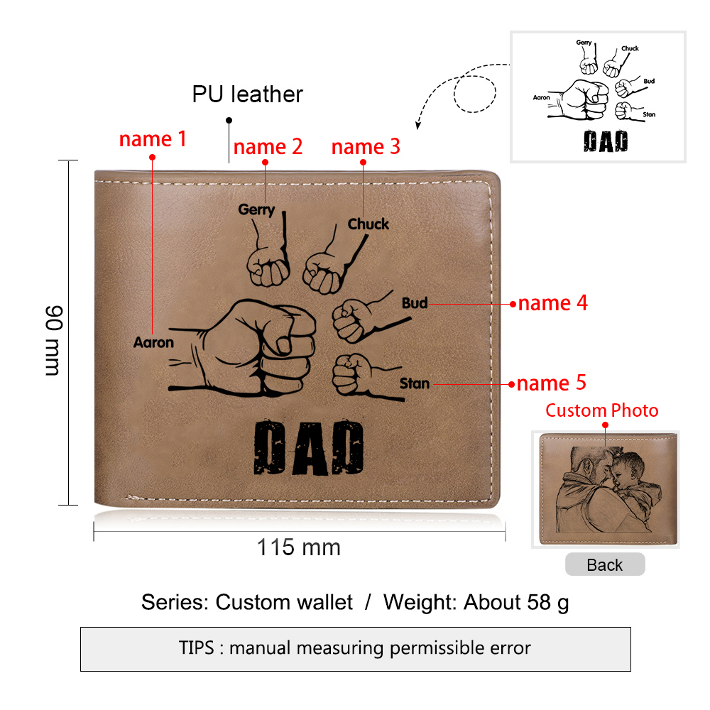 5 Names - Personalised Men Leather Wallet Custom Photo & Name Folding Wallet Fist Bump Wallet Gift for Dad-Jessemade AU