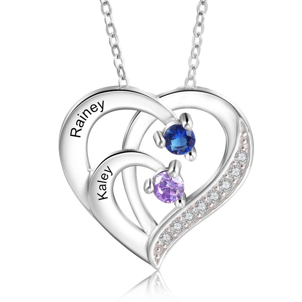 Personalised Mother Necklace Engraved 2 Names 2 Birthstone Intertwined Heart Pendant