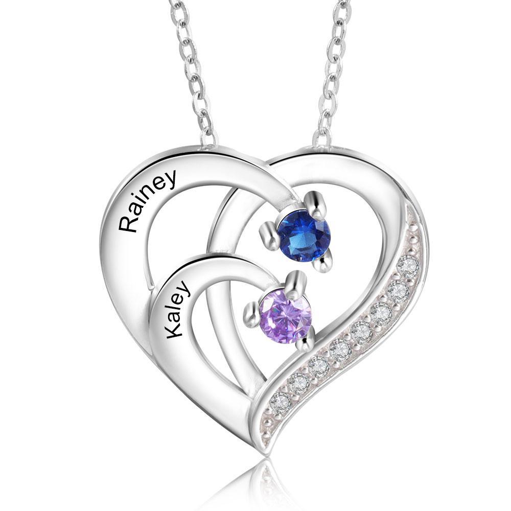 Personalised Mother Necklace Engraved 2 Names 2 Birthstone Intertwined Heart Pendant