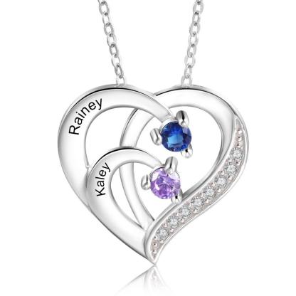 Personalised Mother Necklace Engraved 2 Names 2 Birthstone Intertwined Heart Pendant