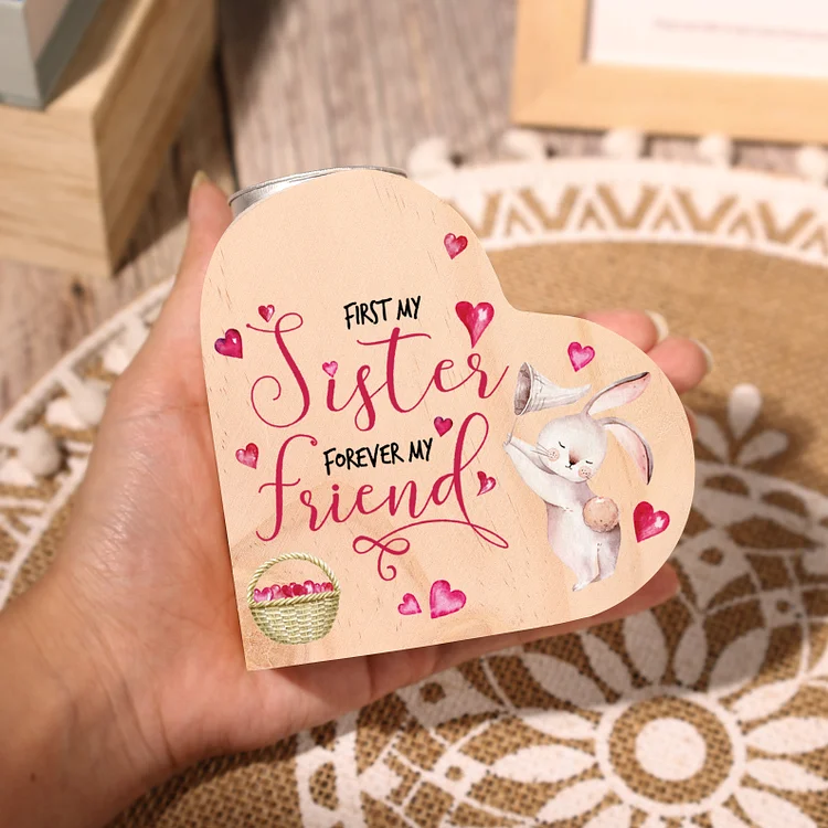 To My Sister Bunny Heart Candle Holder Wooden Candlestick - First My Sister Forever My Friend-Jessemade AU
