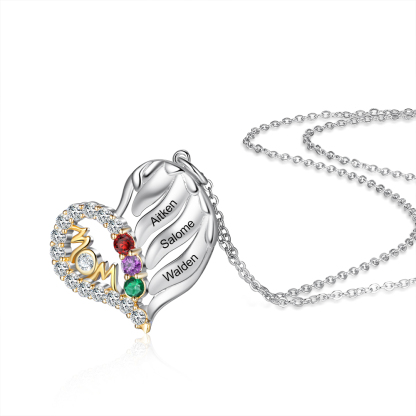 Personalised Heart Necklace With 3 Birthstones Engraved Names Gift For Mother-Jessemade AU