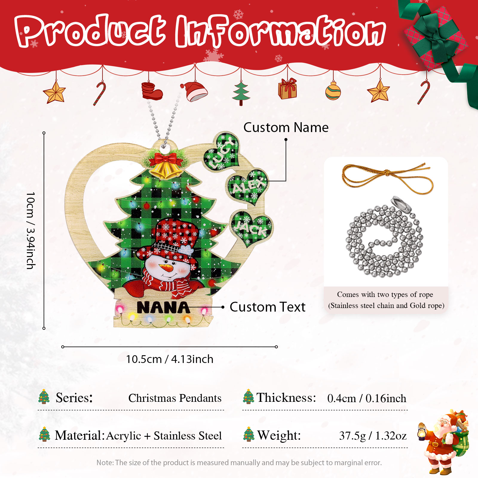 3 Names - Personalised Heart Christmas Tree Ornament Customised Name & Text Acrylic Snowman Hanging Ornaments Gift for Family-Jessemade AU