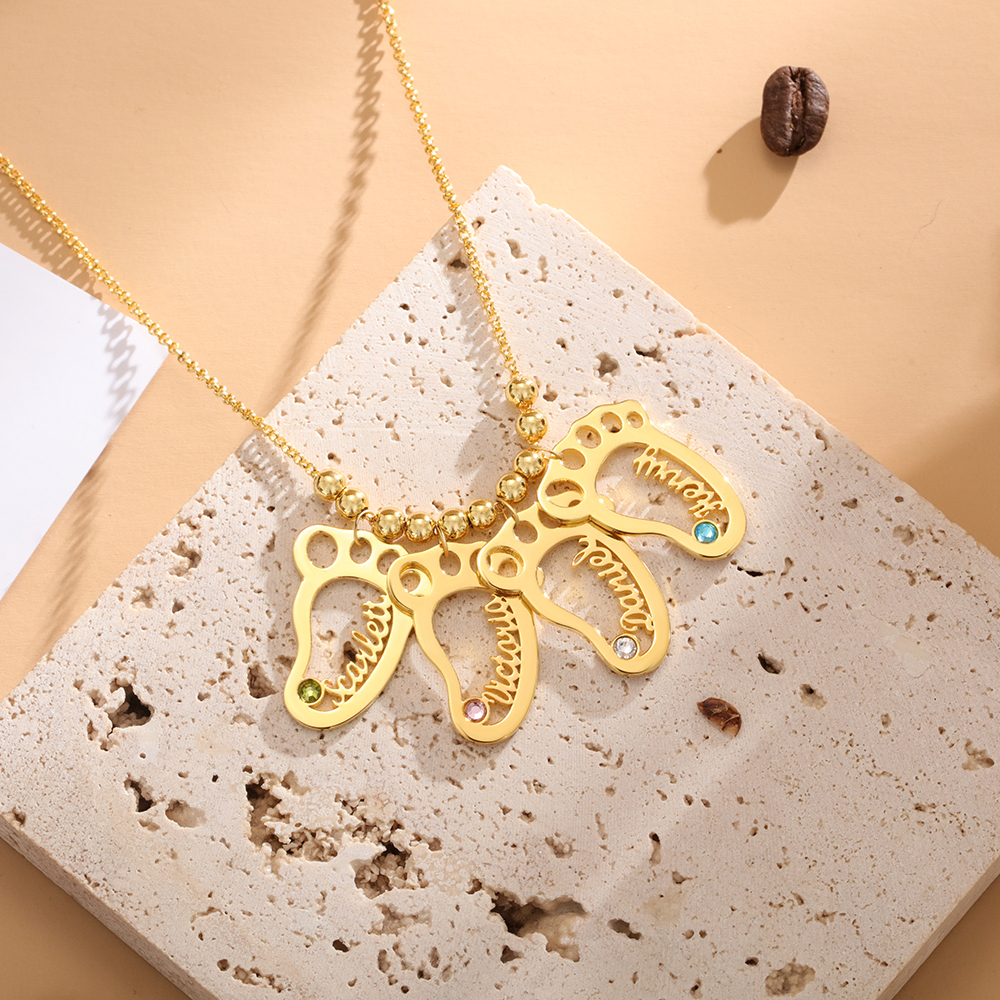 Personalised Baby Foot With 5 Birthstones Engraved Names Gift For Mother-Jessemade AU