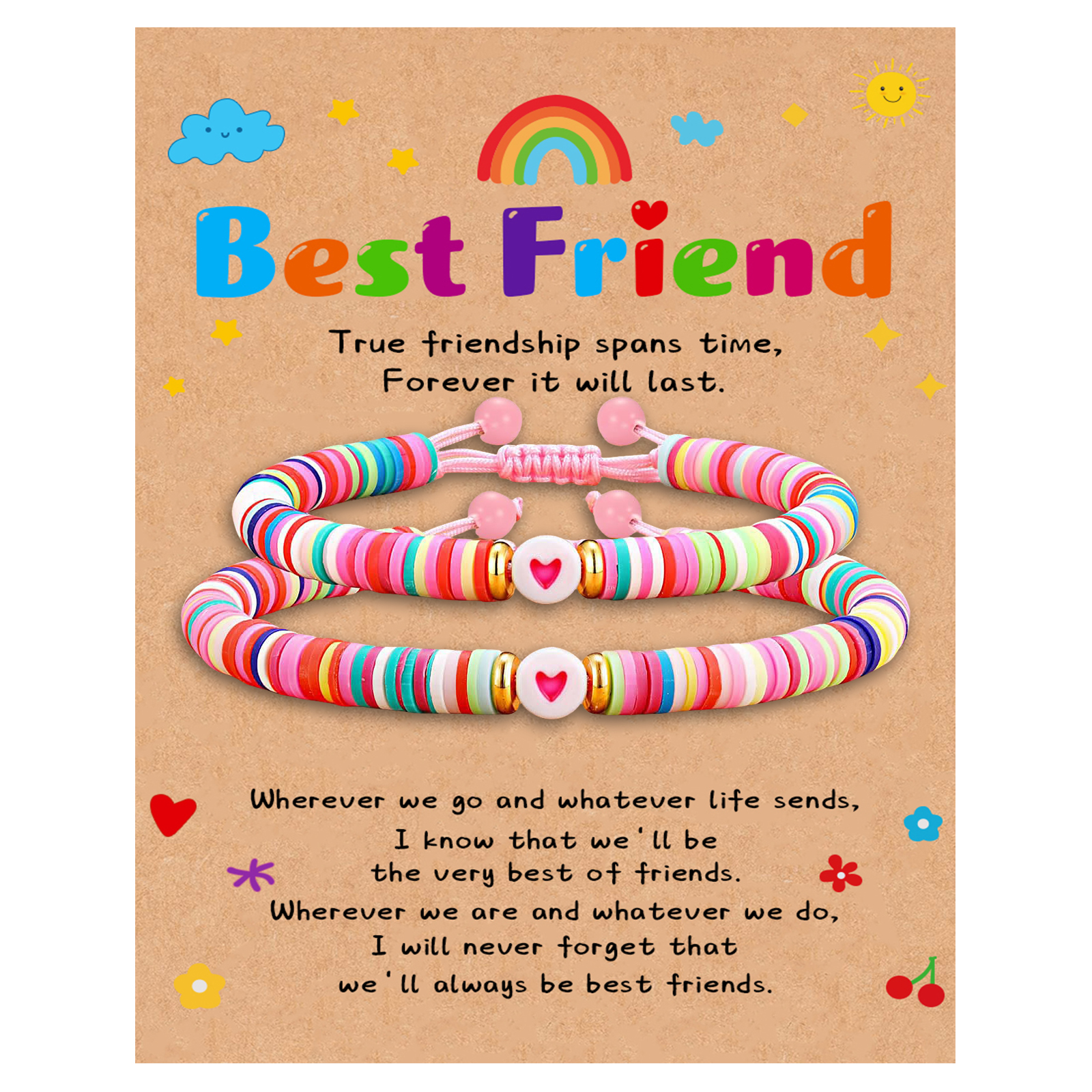 2 Pcs Bracelet Set Colourful Beaded Adjustable Bracelets with Message Card Gifts for Her - True Friendship Spans Time, Forever It Will Last-Jessemade AU