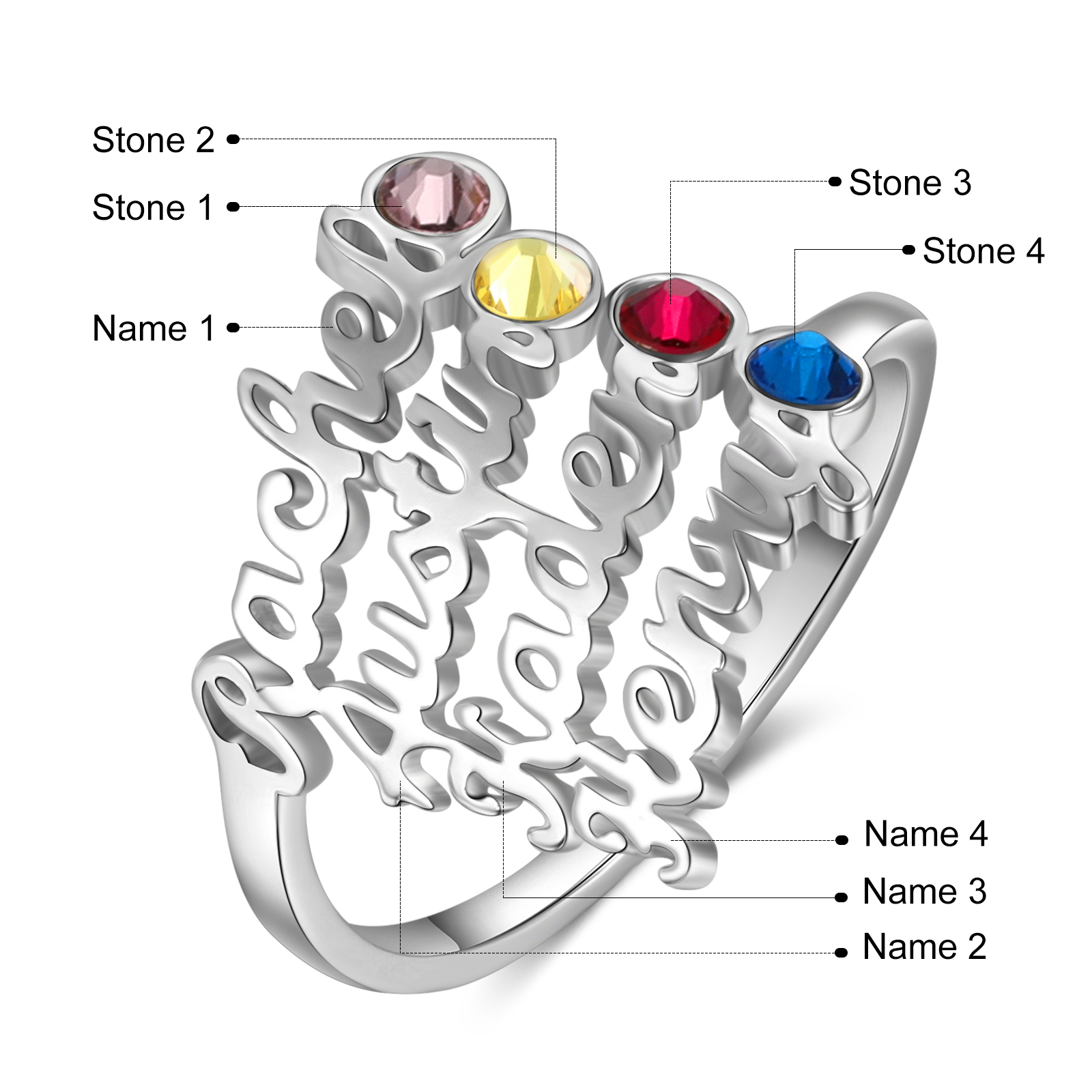 Personalised Birthstone Ring Custom 4 Names Ring Best Gift For Women-Jessemade AU