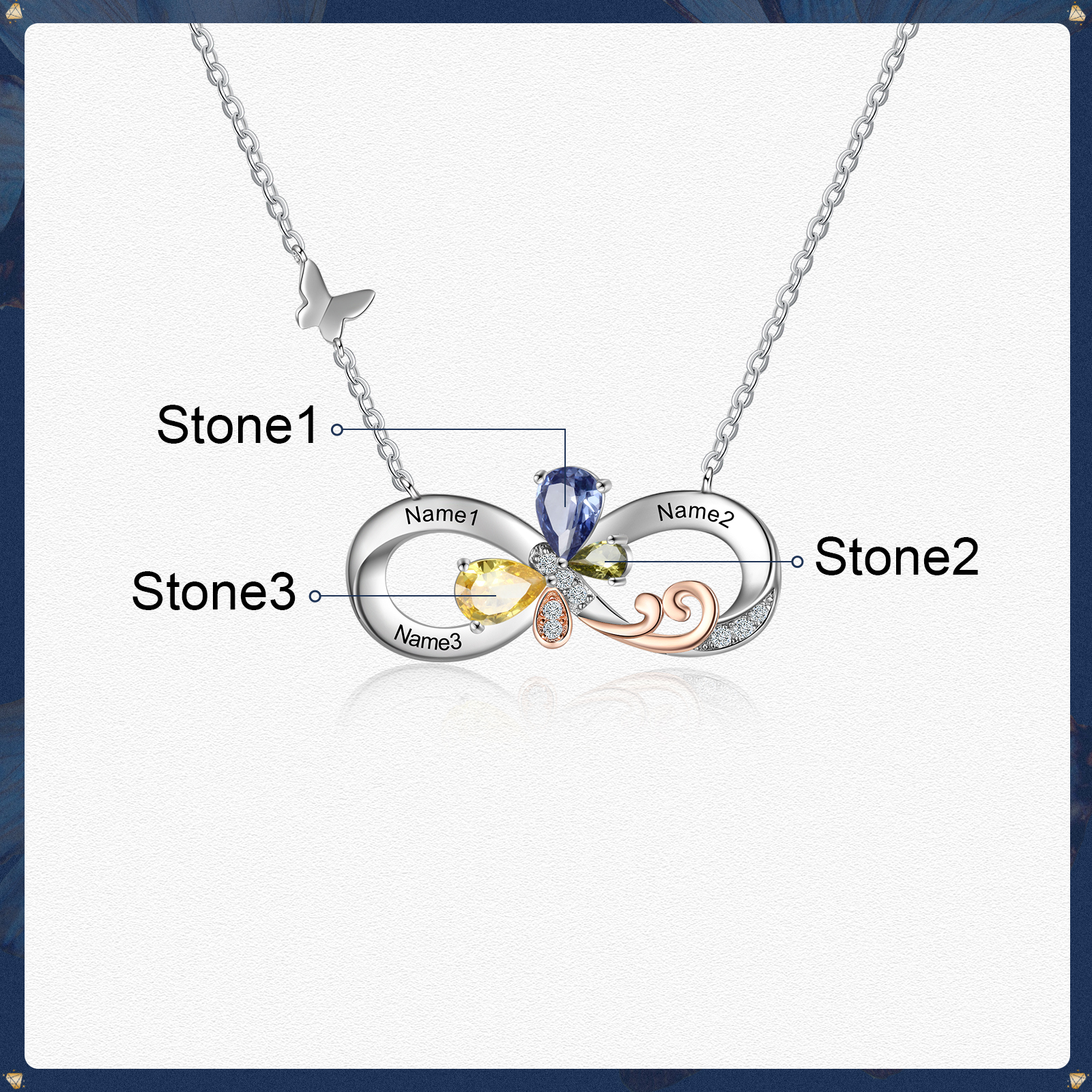 Personalised Infinity Butterfly Necklace With 3 Birthstones Engraved Names Gift For Women-Jessemade AU