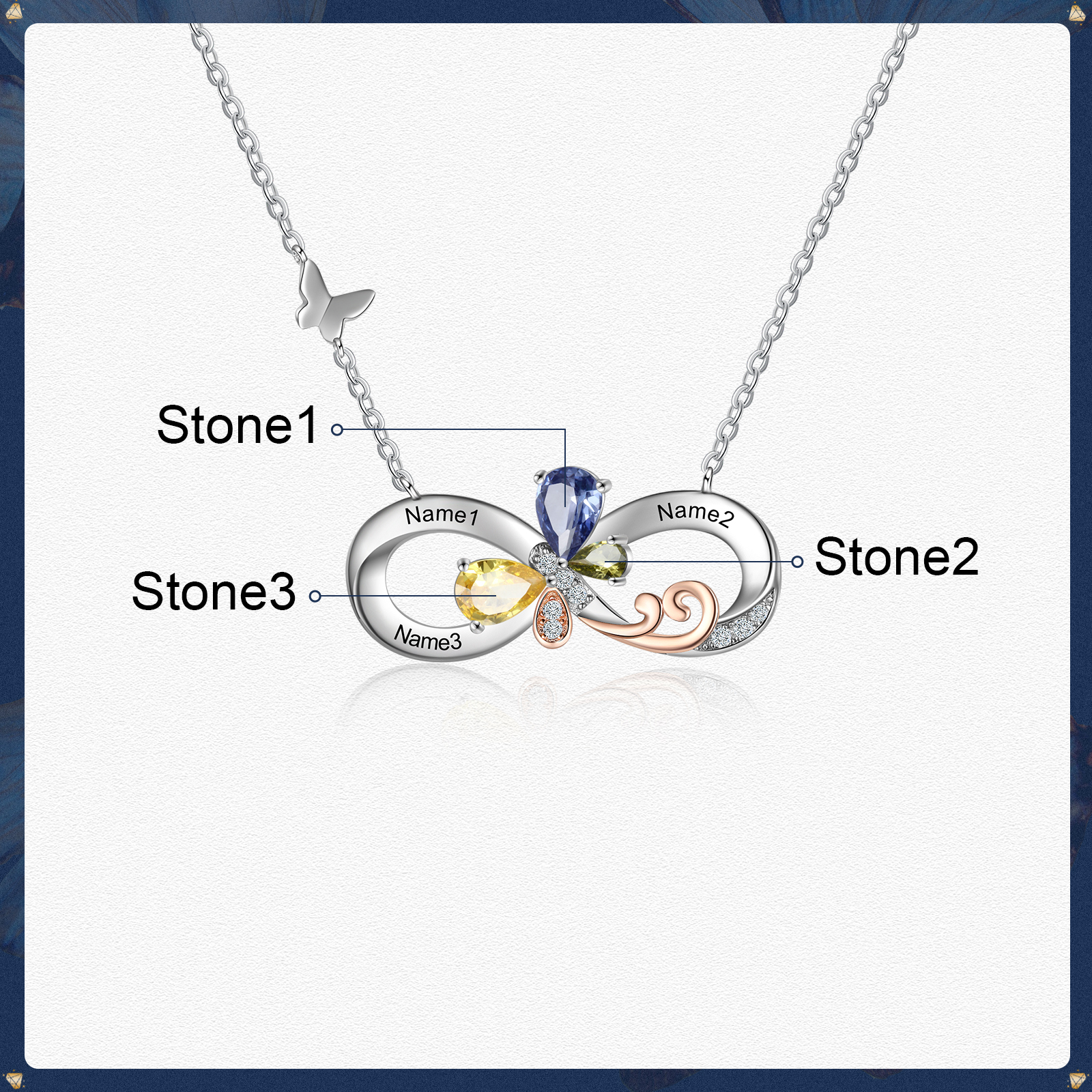 Personalised Infinity Butterfly Necklace With 3 Birthstones Engraved Names Gift For Women-Jessemade AU