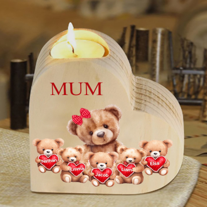 Personalised 5 Names & 1 Text Candle Holder Teddy Bear Wooden Candlestick Gifts for Grandma/Mother-Jessemade AU