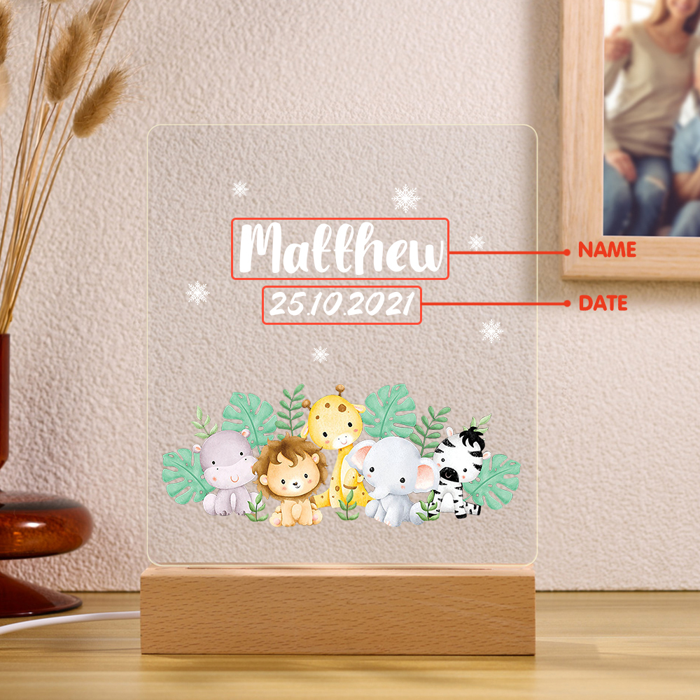 Personalised Name Night Light Animal Zoo LED Night Light Custom Date Nursery Birthday Gifts For Kids-Jessemade AU