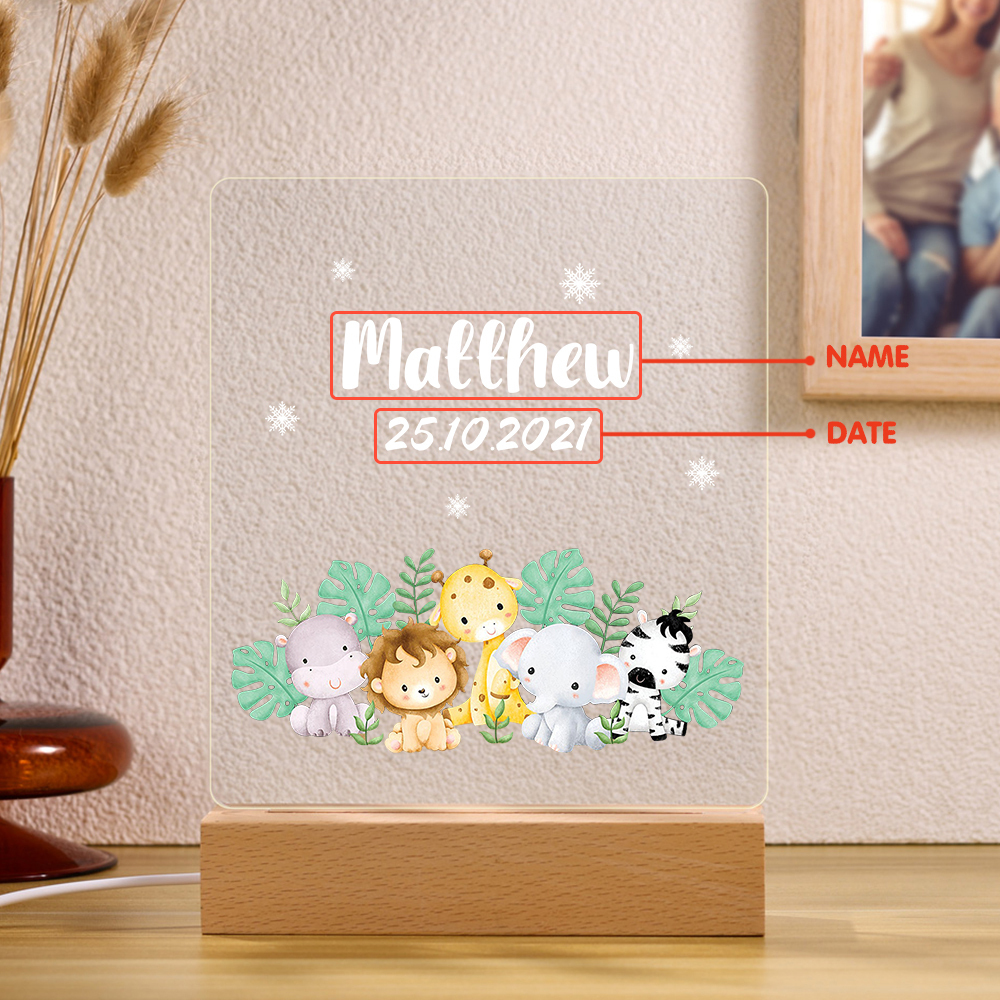 Personalised Name Night Light Animal Zoo LED Night Light Custom Date Nursery Birthday Gifts For Kids-Jessemade AU