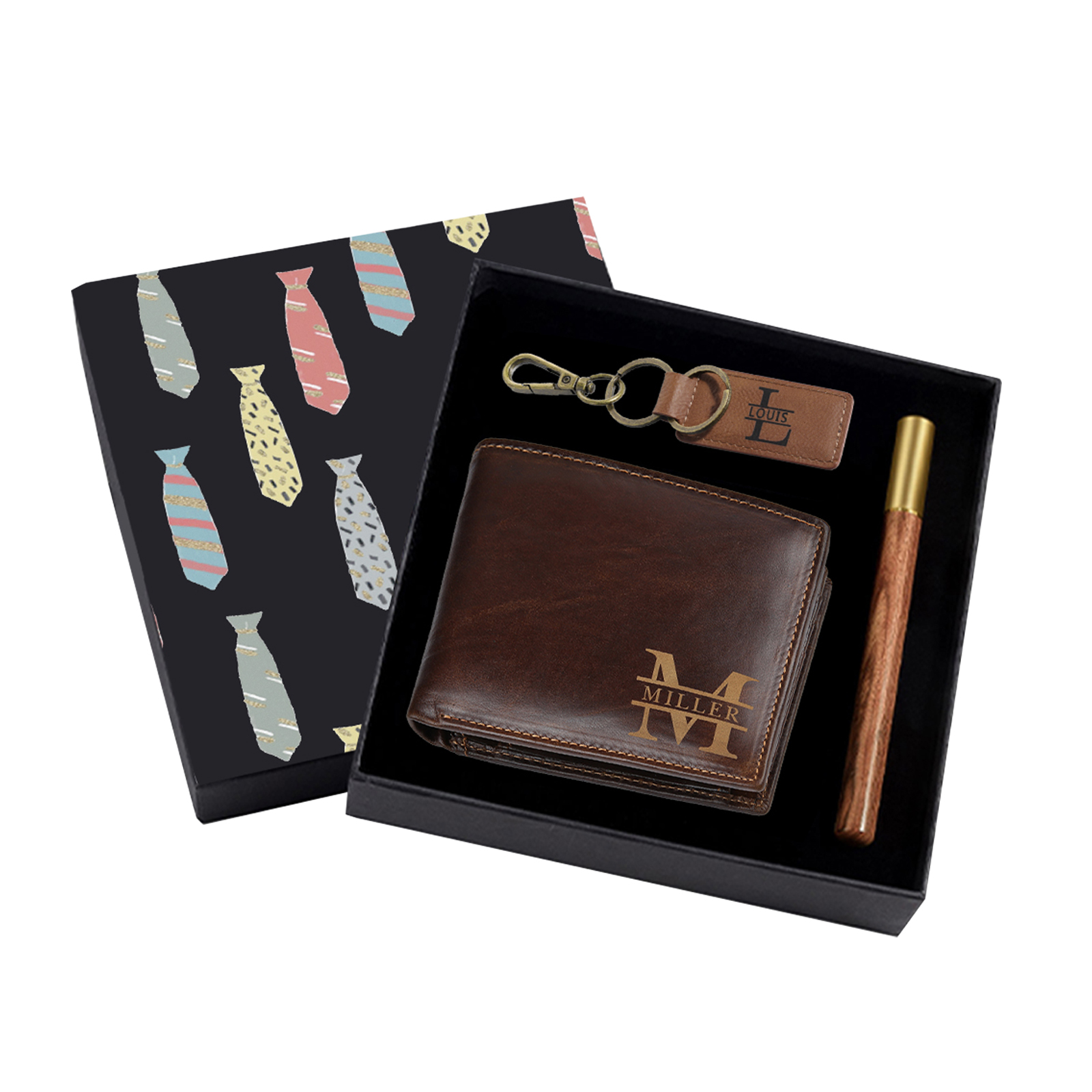Personalised 2 Texts & 2 Names & 2 Letters Gift Set Custom Wallet & Keychain & Pen Gift Box Set Gift for Him-Jessemade AU
