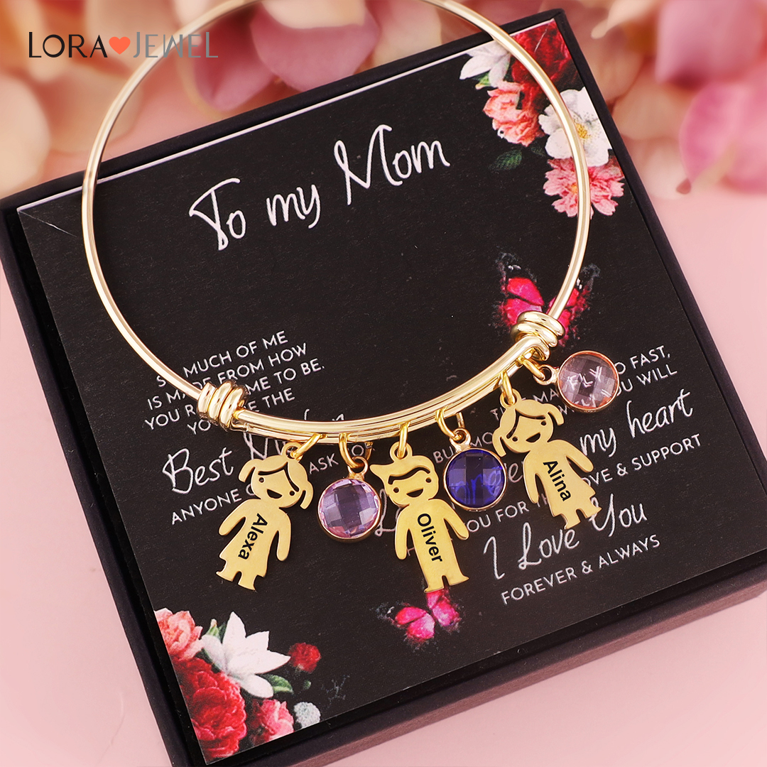 Bangle Bracelet with Kids Charms Persoanlized with 4 Birthstone Custom Bracelets Rose Box Set-Jessemade AU