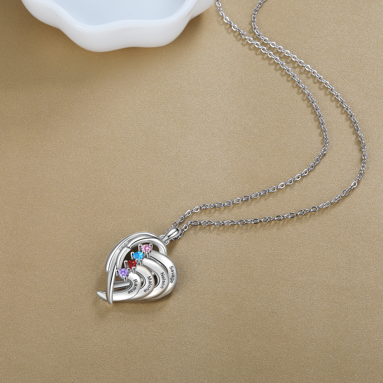 Personalised Heart Wings Necklace With 4 Birthstones Custom Names Necklace Gift For Her-Jessemade AU