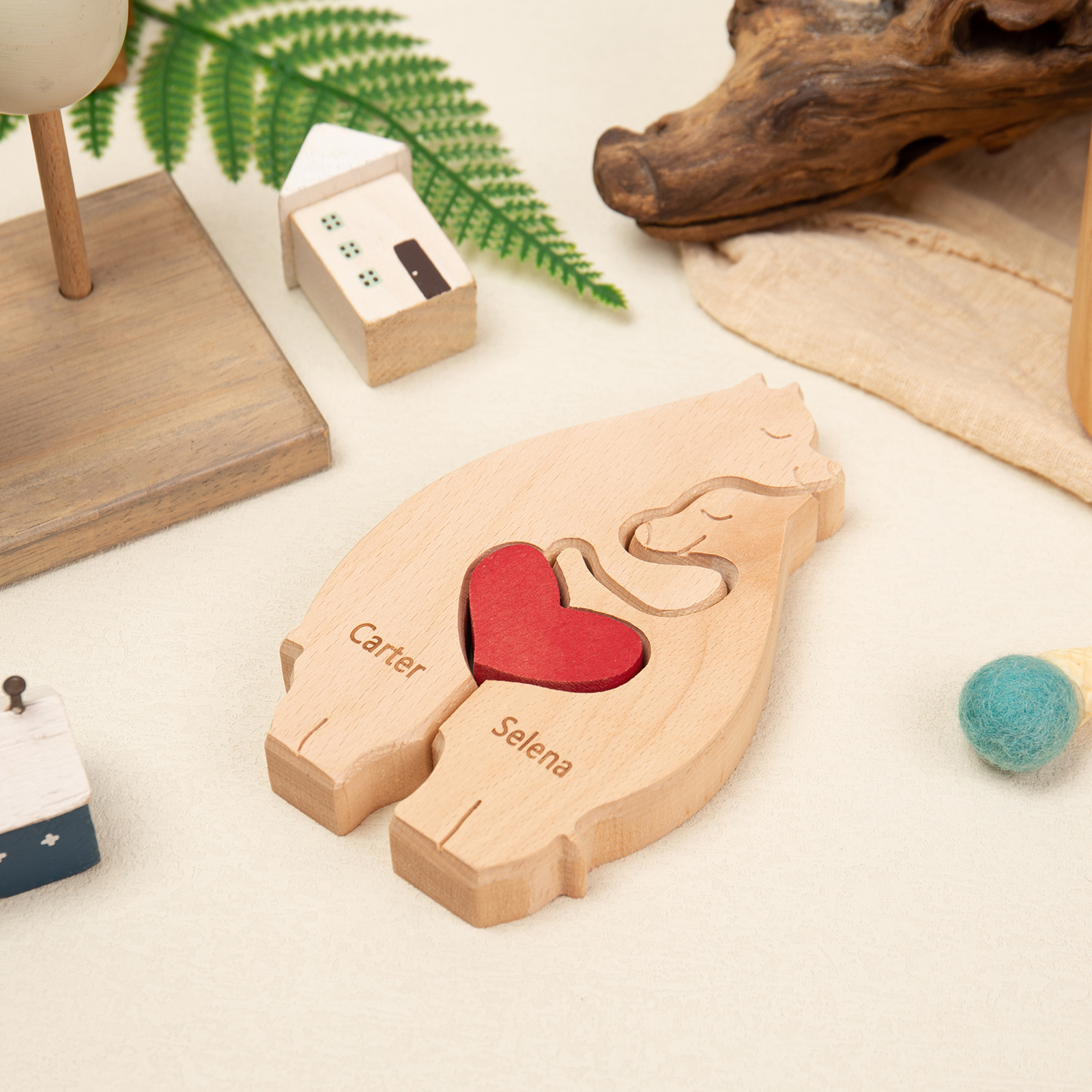 Personalised Wooden Animal Puzzle Custom 2 Names Puzzle Elephant Bear Hedgehog Hug Ornament Gifts for Family Couple-Jessemade AU