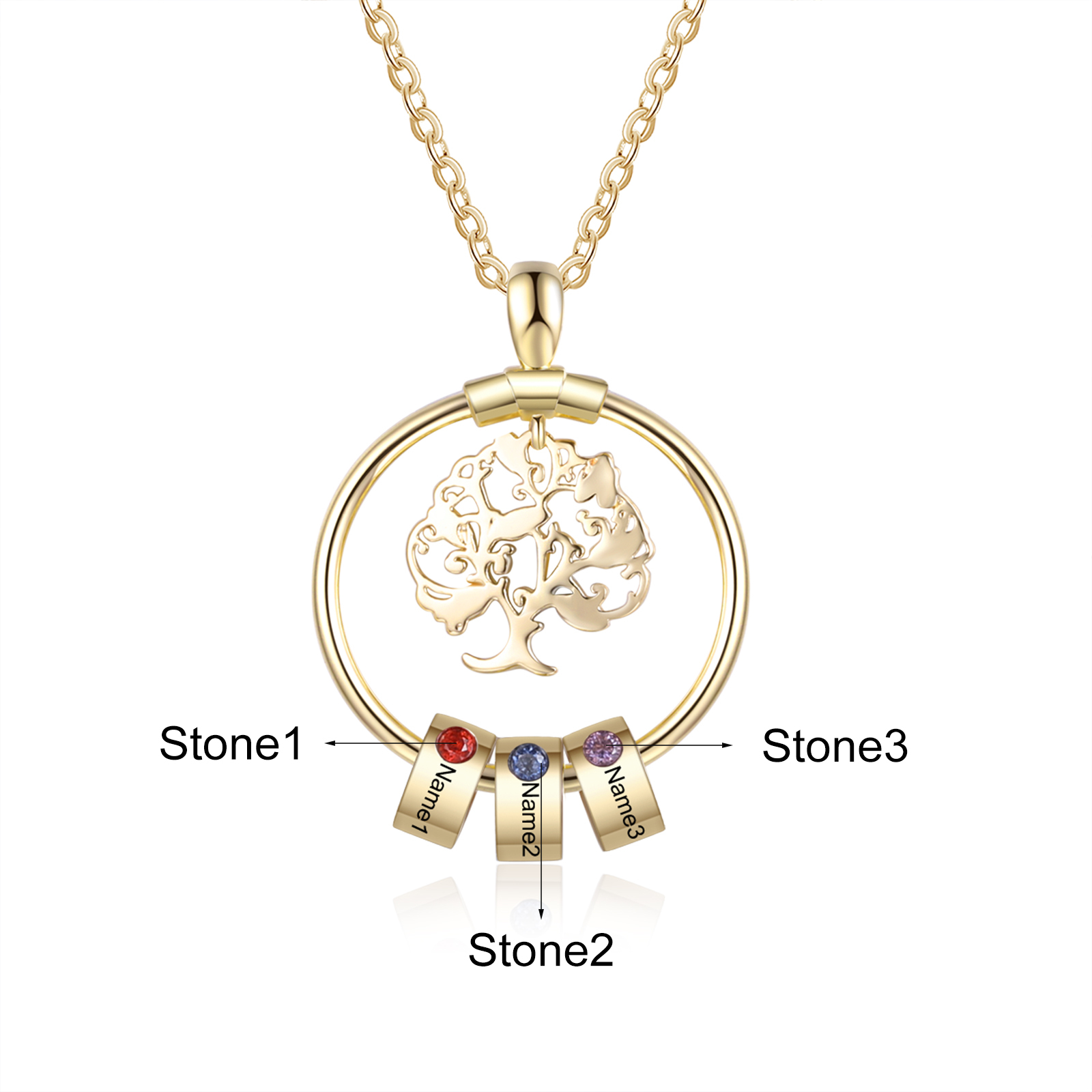 Personalised Family Tree Necklace With 3 Birthstones Engraved Names Gift For Mother-Jessemade AU