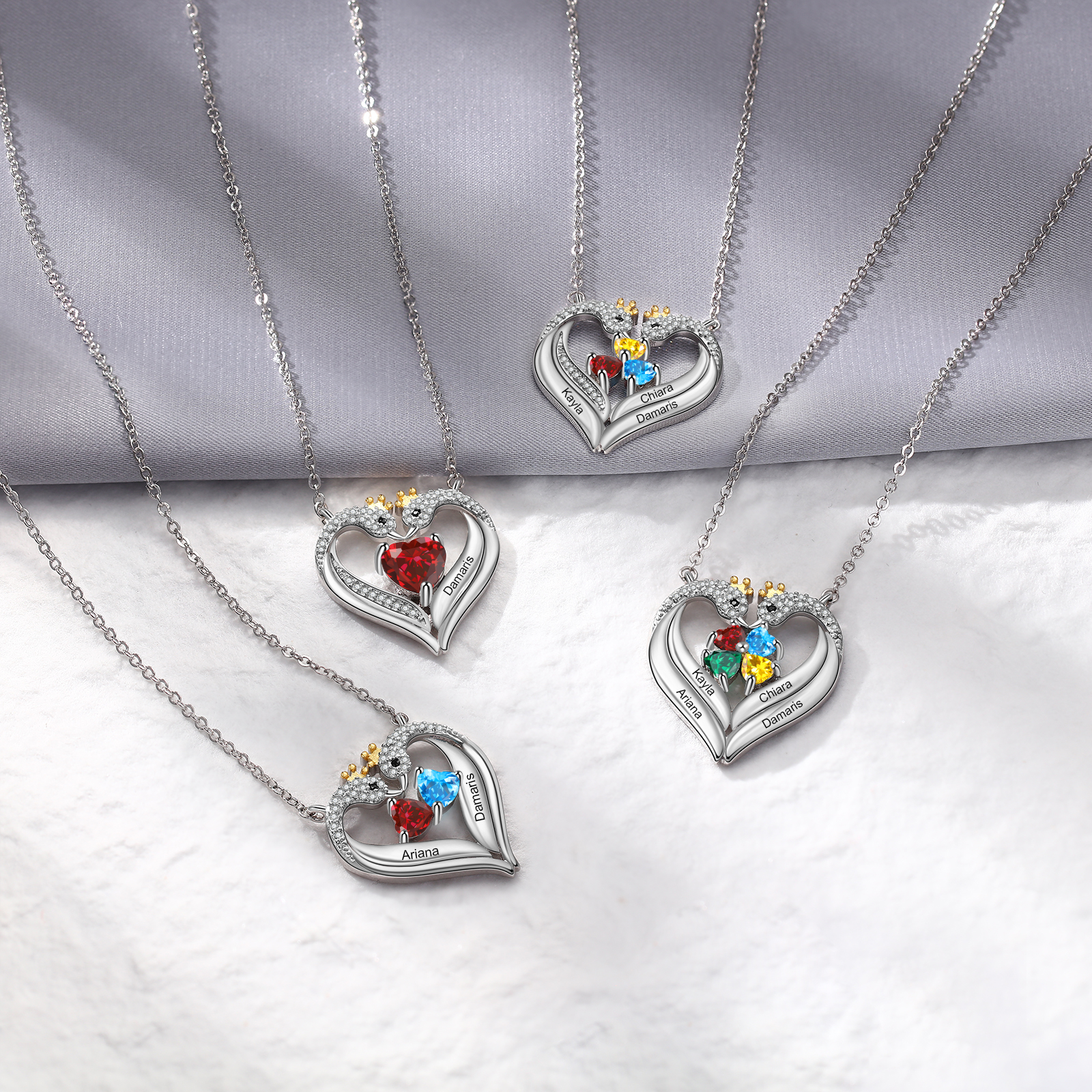 Personalised Heart Swan Necklace With 4 Birthstones Engraved Names Necklace Gifts For Her-Jessemade AU