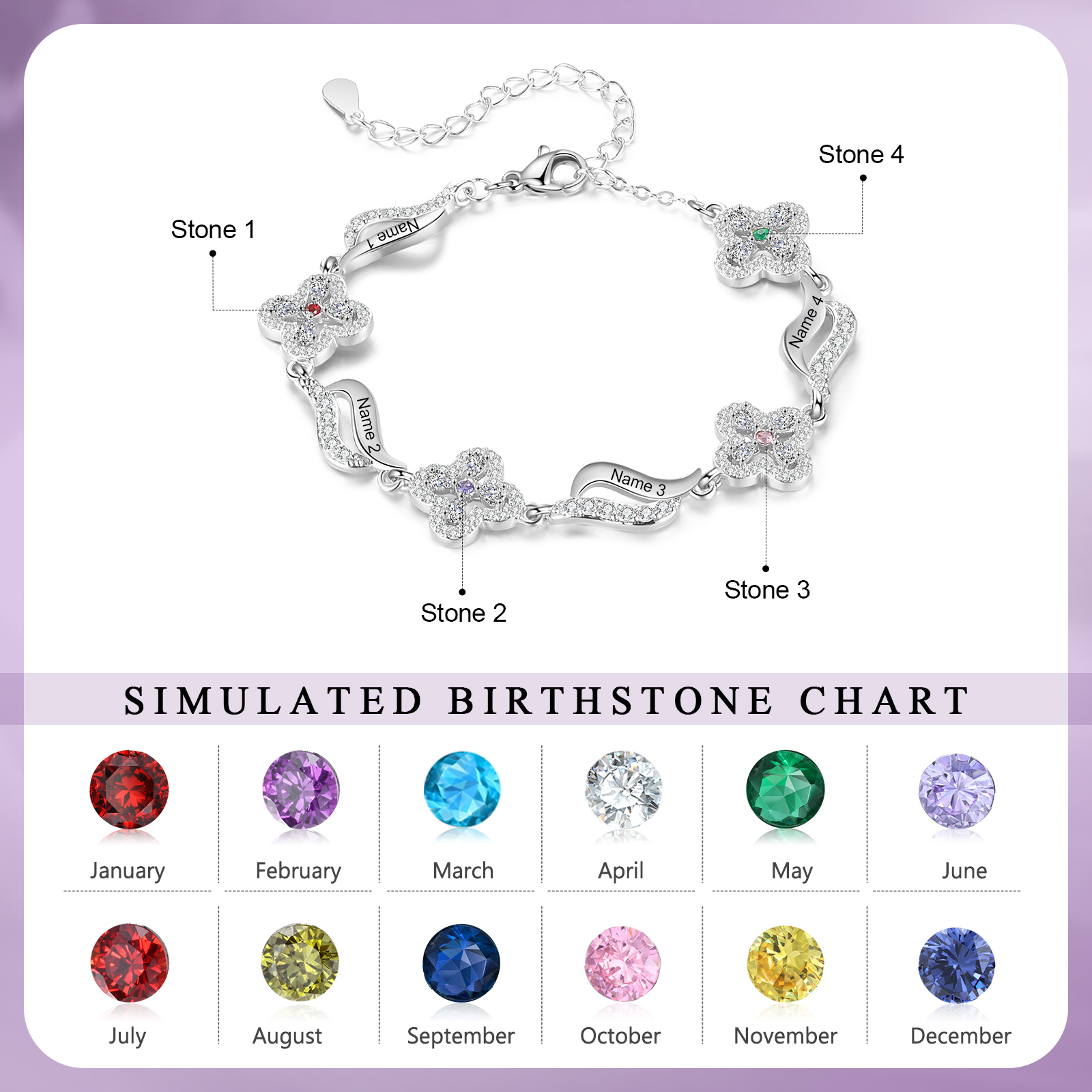 Personalised 4 Birthstones Engraved 4 Names Bracelet Women's Bracelets Birthday Gift for Her-Jessemade AU