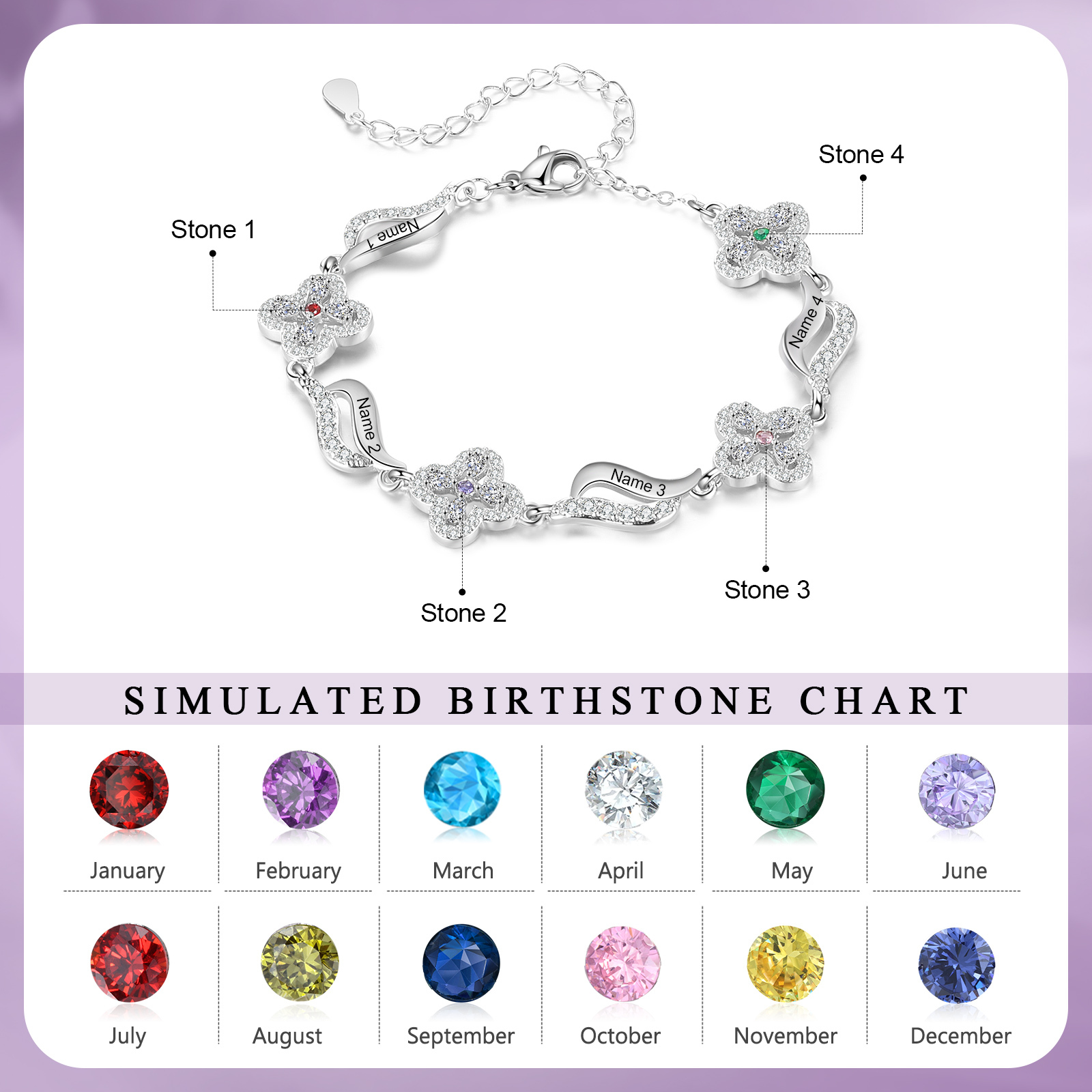 Personalised 4 Birthstones Engraved 4 Names Bracelet Women's Bracelets Birthday Gift for Her-Jessemade AU